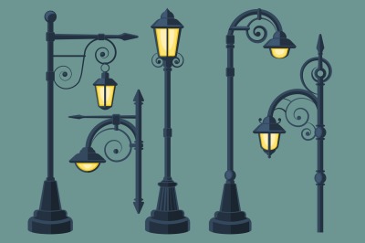 Cartoon, comic book vintage and modern street lights vector set