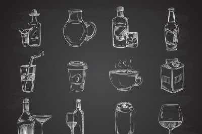 Doodle drinks, wine, beer, bottles. hand drawn beverages vector collec