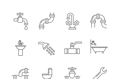 Plumbing, sewerage, pipe, faucet thin line vector icons set
