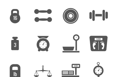 Weight scales, balance, heavy luggage, kilogram vector icons