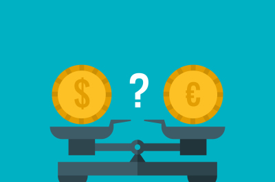 Currency comparison of dollar and euro with weighing scale&2C; balance ba