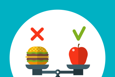 Diet food balance, healthy vector concept with apple and hamburger on 