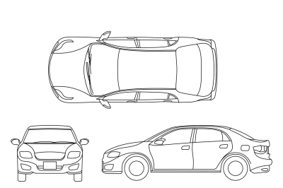 Outline sedan car vector drawing in different point of view