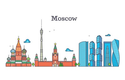 Moscow vector line panorama, modern city skyline, russia outline symbo