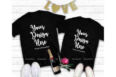 Couple Two Black T-Shirts Mockup&2C; Valentine Shirt Mock Up Matching Tee