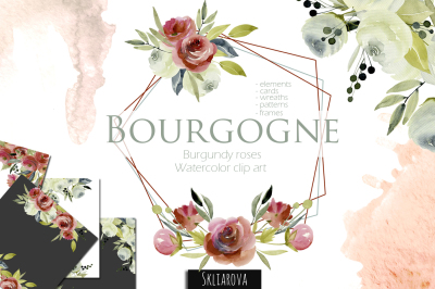 Bourgogne. Burgundy and white roses clip art.