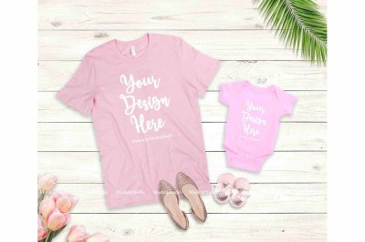 Mother Daughter Pink T-Shirts Mockup&2C; Mommy Toddler Shirt Mock Up