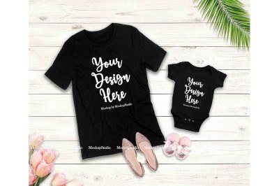 Mother Daughter Black T-Shirts Mockup, Baby Onepiece Mockup Display