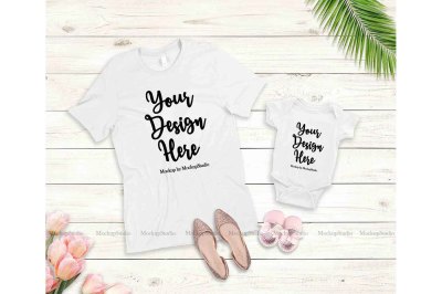 Mother Daughter White T-Shirts Mockup, Baby Onepiece Mock Up Display