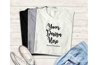 Multiple Colors Folded Tshirts Mockup, Black Gray White Top View Flat