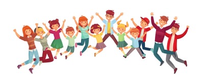 Jumping kids. Excited childrens jump vector or exercising together ill