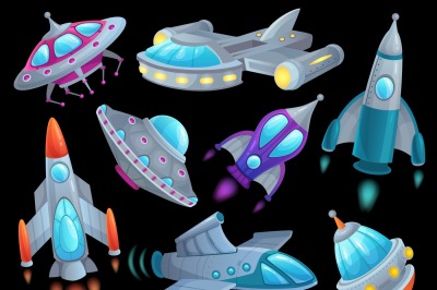 Cartoon spaceship. Futuristic space rocket vehicles, alien flight spac