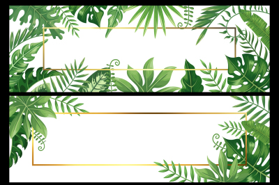 Tropical leaves banners. Exotic palm leaf banner&2C; natural coconut palm