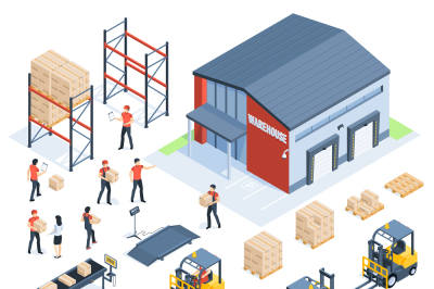 Isometric warehouse logistic. Cargo transport industry, wholesale dist