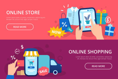 Online shopping banner. Web store credit card&2C; internet shop cart and 