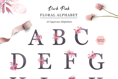 Sensual Dark Pink Outline Floral Alphabet 