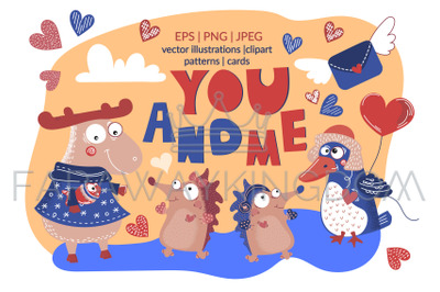 CRAZY LOVE Valentine Cartoon Animal Vector Illustration Set for Print