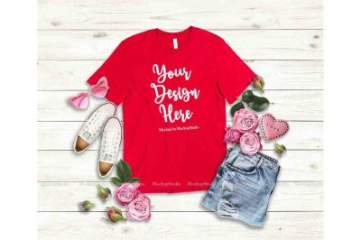 Red Valentine's Day Women T-Shirt Mock Up Flat Lay Display