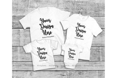 Matching Family 4 White T-Shirts Mockup&2C; Parents Kids Shirt Flat Lay