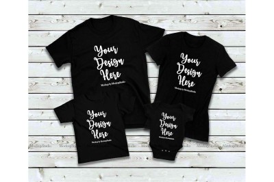 Matching Family 4 Black T-Shirts Mockup&2C; Parents Kids Set