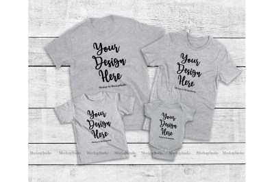 Matching Family 4 Gray T-Shirts Mockup&2C; Parents Kids Set