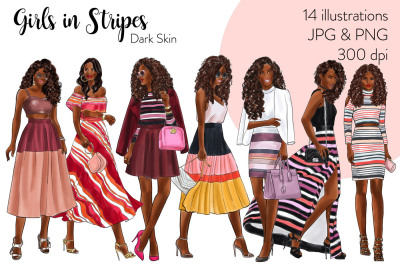 Watercolor Fashion Clipart - Girls in Stripes - Dark Skin