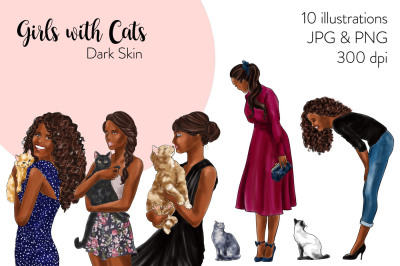Watercolor Fashion Clipart - Girls with Cats - Dark Skin 