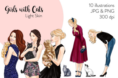 Watercolor Fashion Clipart - Girls with Cats - Light Skin