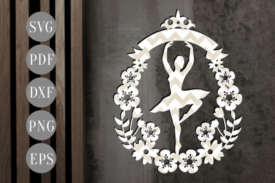 Customizable Ballerina Papercut Template, Floral Wreath SVG, DXF, PDF