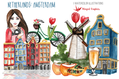 Netherlands / Amsterdam watercolour travel illustrations/ clipart
