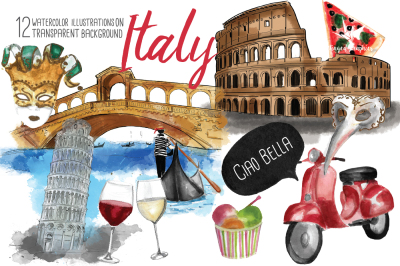 Italy: watercolor illustration set