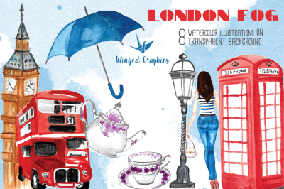 London/ England : set of 8 watercolor illustrations