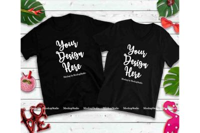 Matching Couple Two Black T-Shirts Mockup&2C; Valentine Shirt Flat Lay