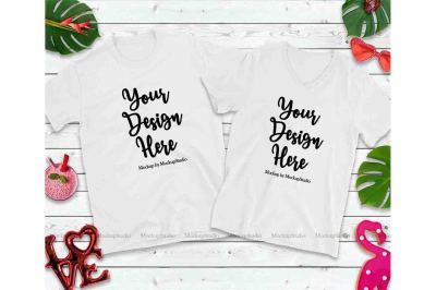 Matching Couple Two White T-Shirts Mockup&2C; Engagement Holiday Shirt