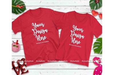 Matching Couple Two RedT-Shirts Mockup&2C; Valentine Shirt Flat Lay