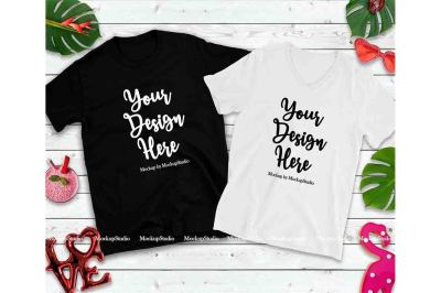 Matching Couples Two T-Shirts Mockup&2C; Valentine Tee Flat Lay