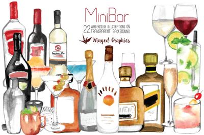 Mini bar/ Alcohol watercolor illustrations 