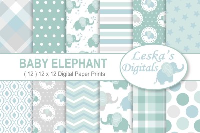Baby Elephant Digital Paper Patterns - Green