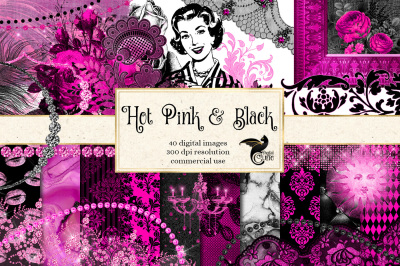 Hot Pink and Black Digital Scrapbook Kit