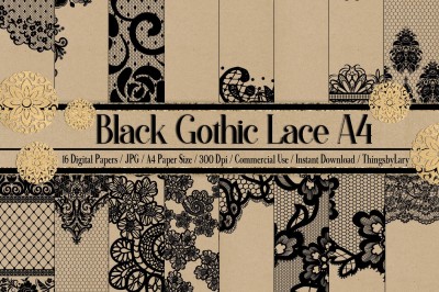 16 Black Gothic Lace Lacy Digital Papers A4 Size