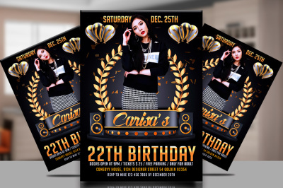 Birthday gold party flyer template