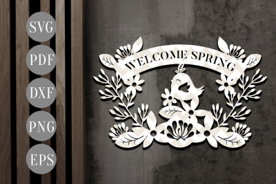 Welcome Spring Papercut Template, Spring Metal Design, SVG, DXF, PDF