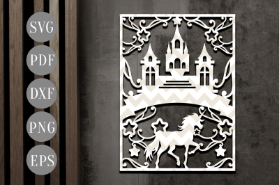 Unicorn Papercut Template, Fantasy Castle Clipart SVG, DXF, PDF