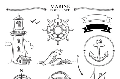 Rope frames, boats, marine knots, anchors nautical vector doodle set