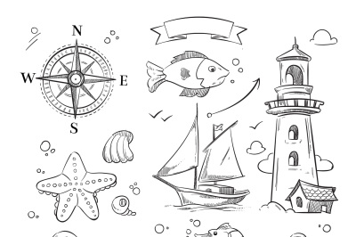 Hand drawn sea, marine objects and ocean animals vector set