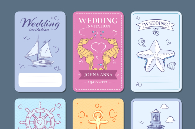 Marine&2C; sea voyage vector wedding invitation cards set