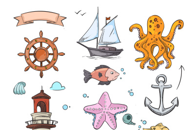 Nautical vector doodle design set with sea star, octopus, sailboat, an