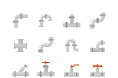 Pipe connector, water pipe fitting flat vector icons for plumbing and 