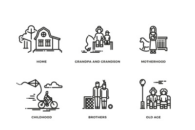 Family and parents, marriage and motherhood thin line vector icons set