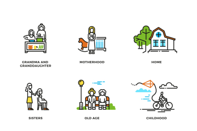 Family life, marriage and love, childhood and old age line vector icon